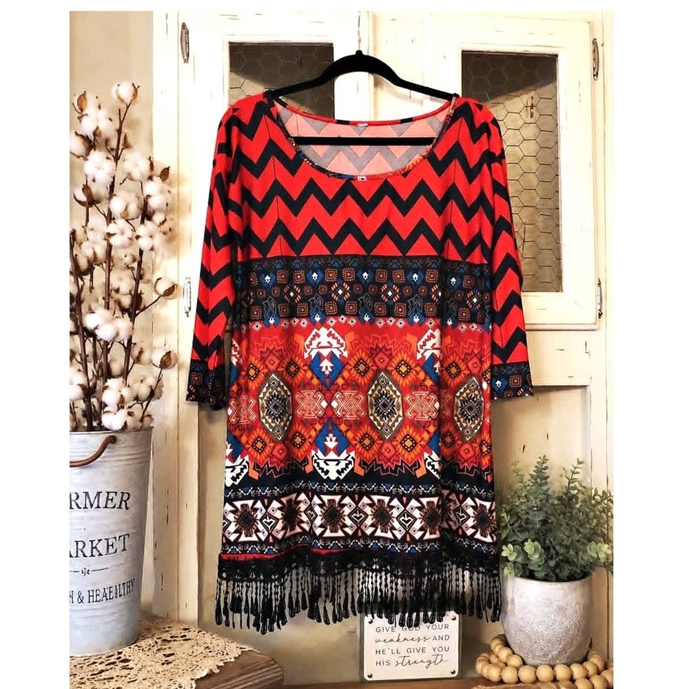 R. Rouge Bohemian Tribal Print 3/4‎ Sleeve Tunic Fringe Hem Boho Inspired Large